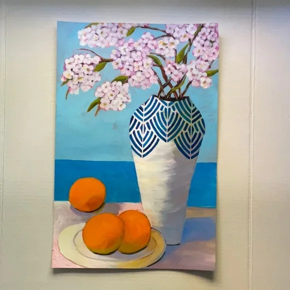 Cherry Blossoms  Oranges and Ocean Views Acrylic Painting for Coastal Charm - Picture 4 of 8